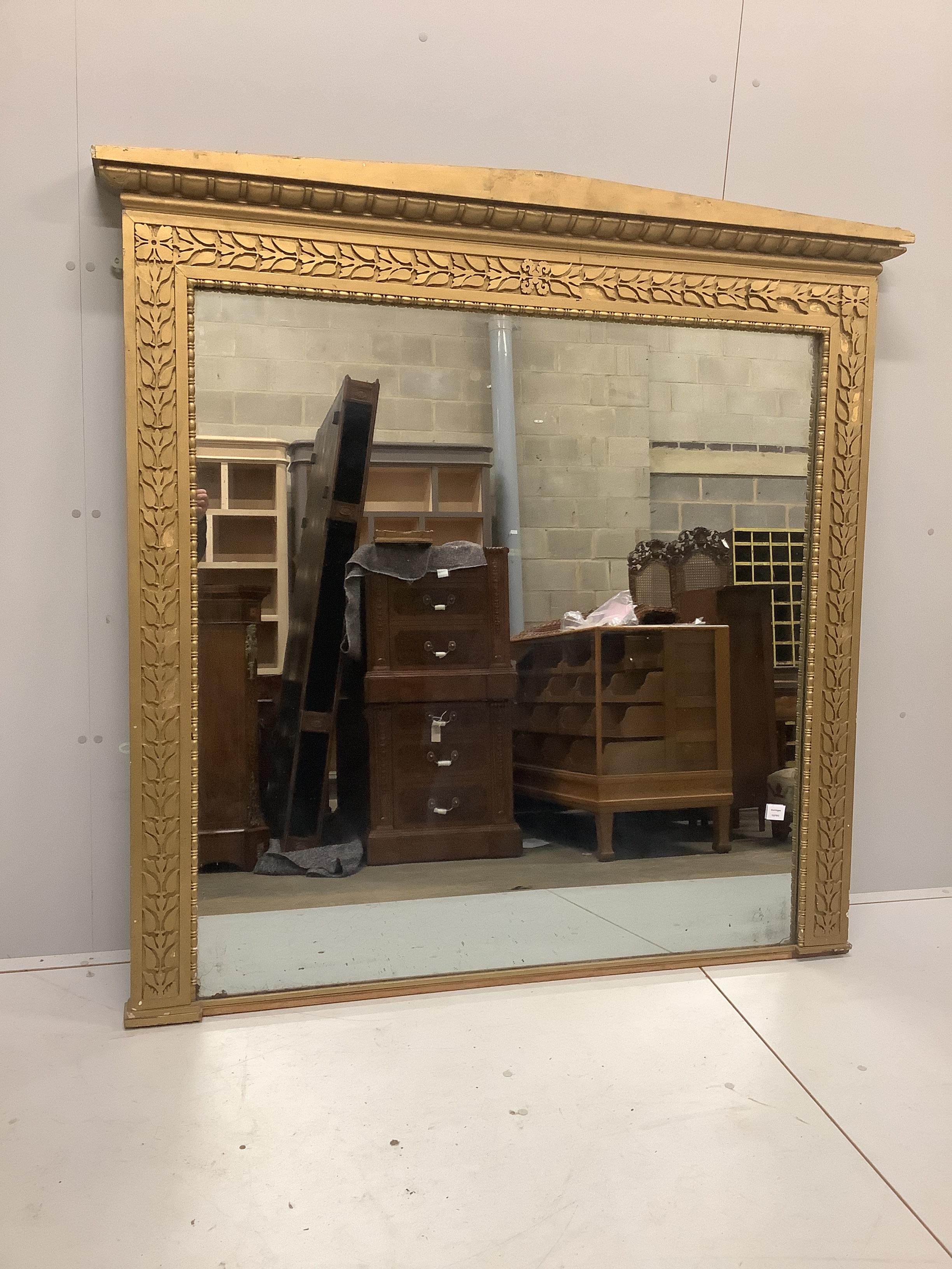 A Victorian giltwood and composition overmantel mirror, width 156cm, height 154cm